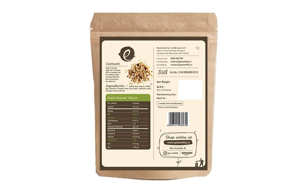 Earthly Granola With Oats, Honey, Pumpkin Seeds Flaxseeds and Peanuts   Pack  376 grams
